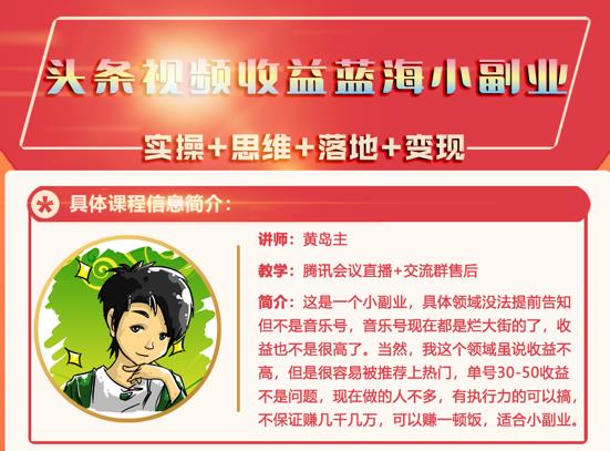 黄岛主·头条视频蓝海小领域副业项目，单号30-50收益不是问题-小二项目网