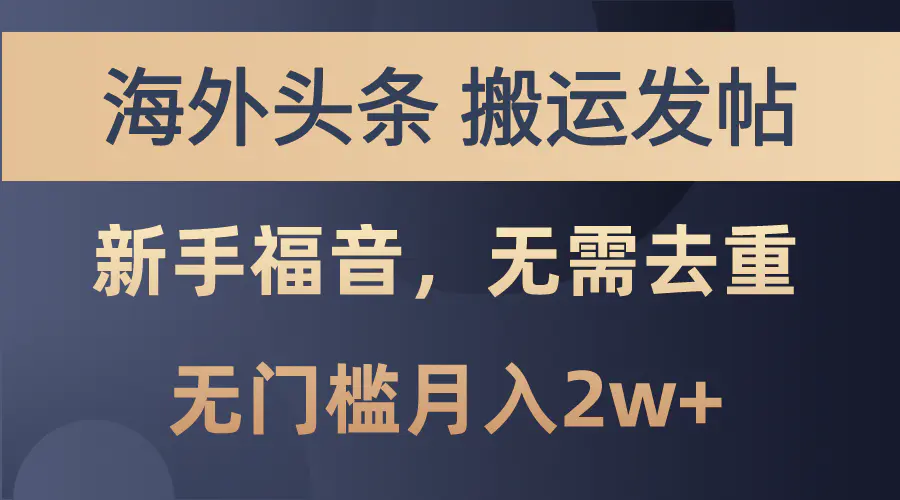 海外头条搬运发帖，新手福音，甚至无需去重，无门槛月入2w+-小二项目网