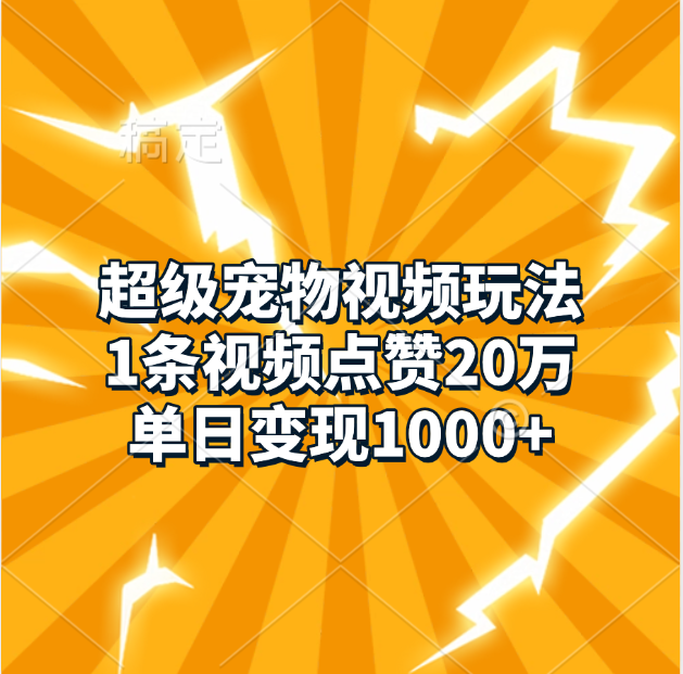 超级宠物视频玩法，1条视频点赞20万，单日变现1000+-小二项目网